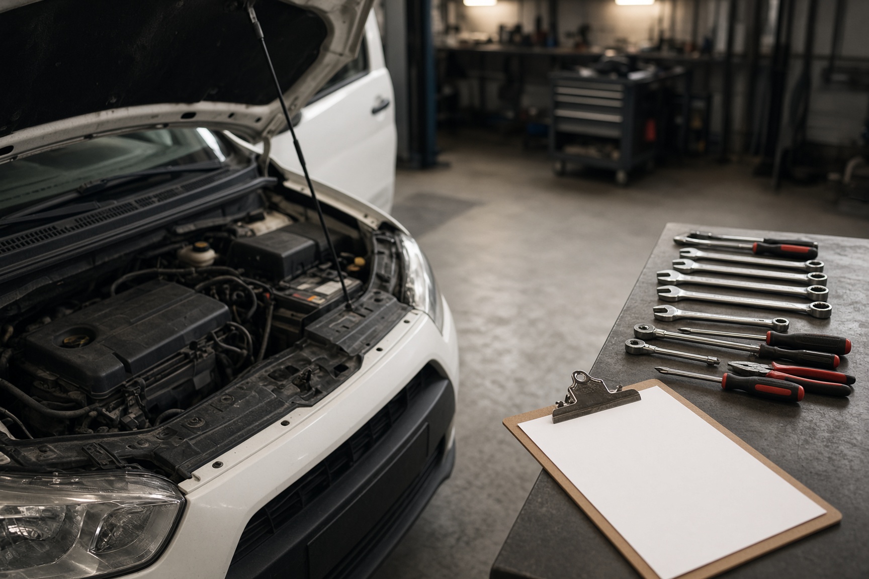 Open hood of a work van in a clean service bay