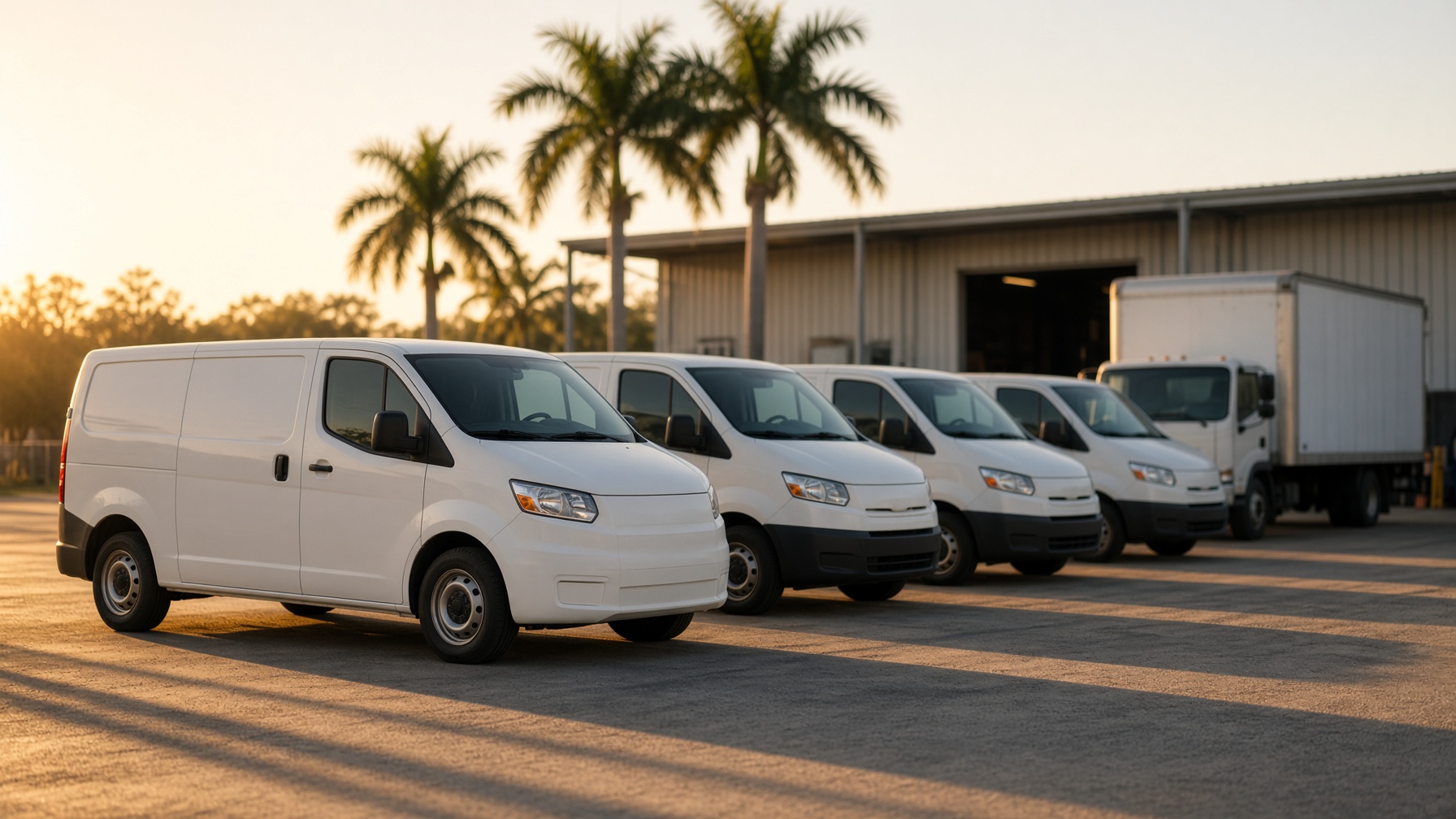 A row of work vans in a morning service yard